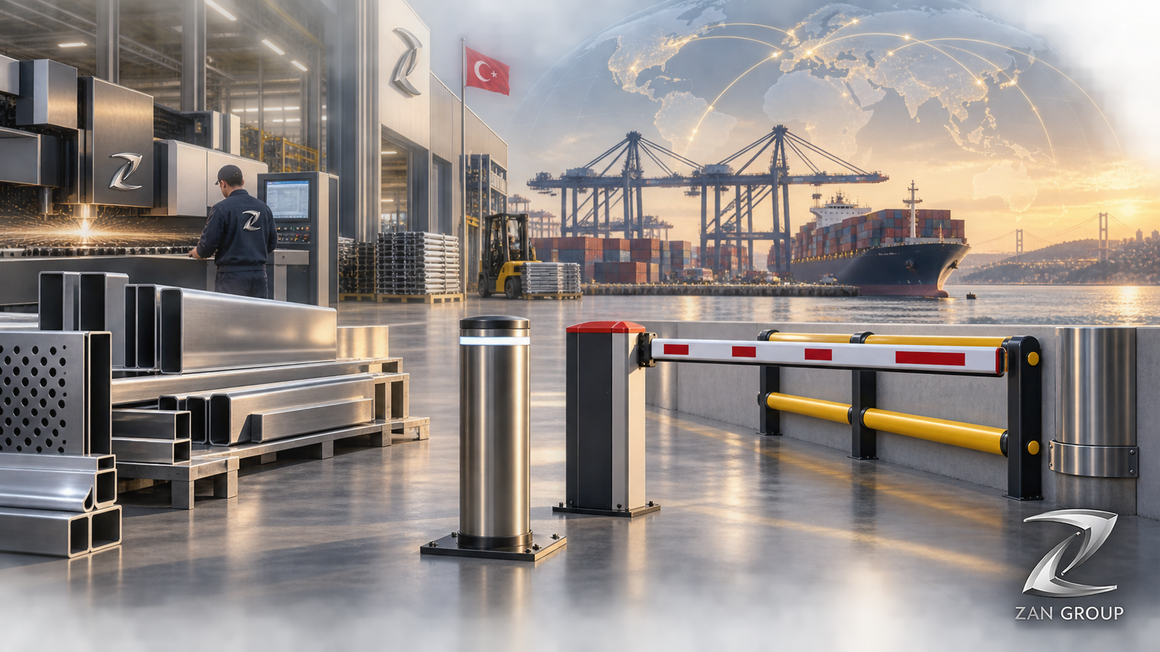 Illustration conceptuelle ZAN Group de la fabrication en T&uuml;rkiye et de la fourniture de solutions d&rsquo;ing&eacute;nierie dans le monde